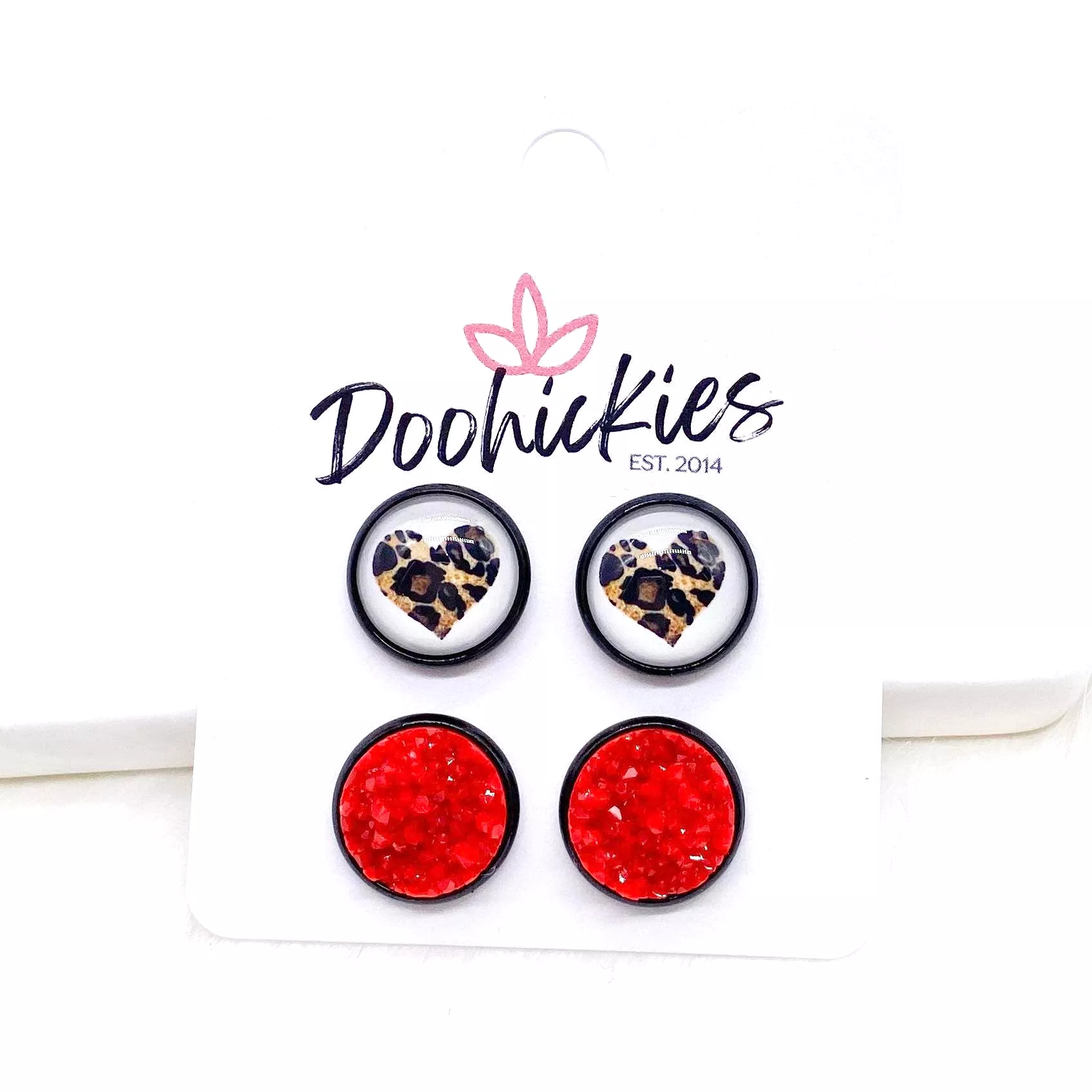 12mm Leopard Valentine Heart & Red Earring Set