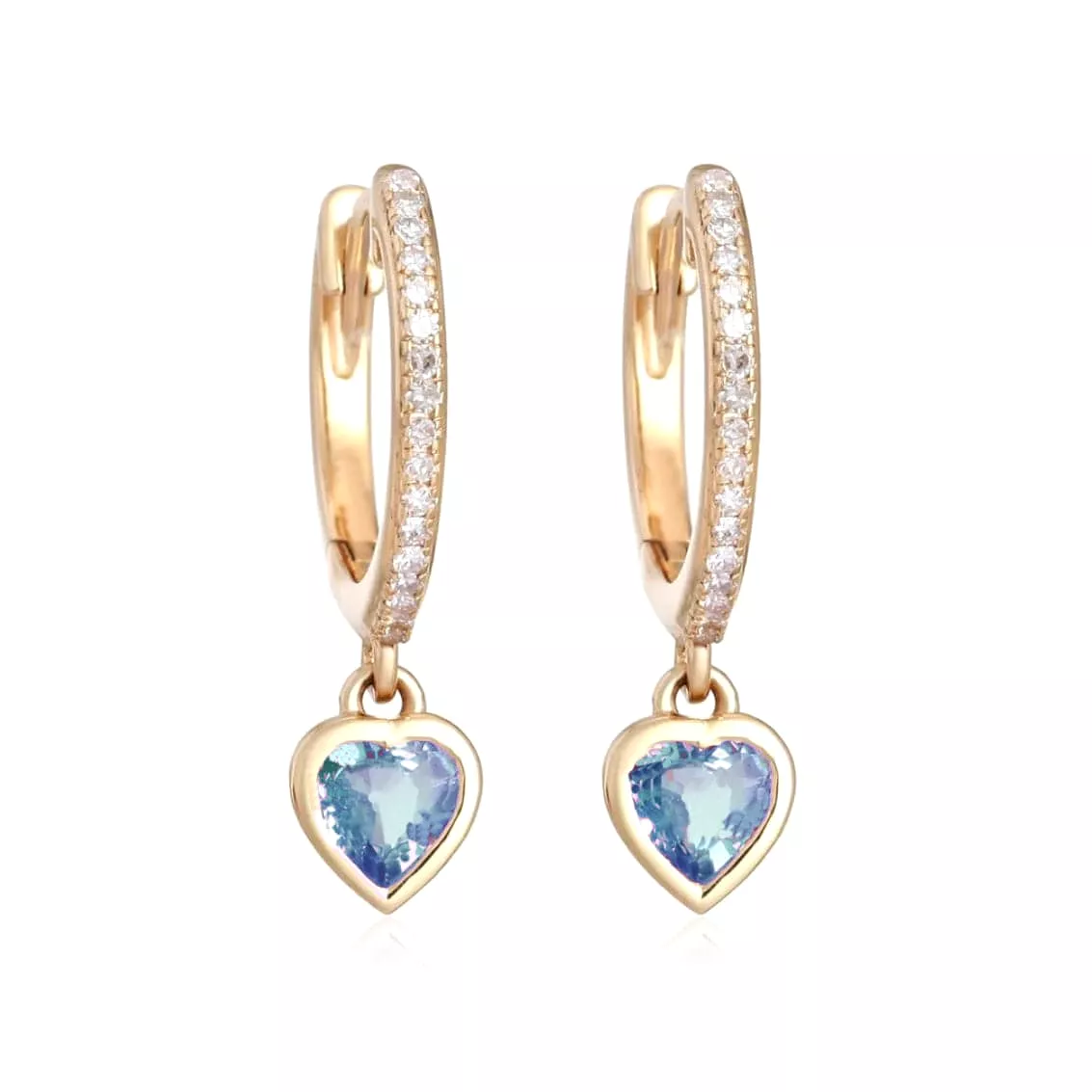 14K Gold and Diamond Blue Sapphire Heart Drop Hoops Earrings