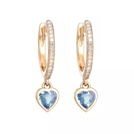 14K Gold and Diamond Blue Sapphire Heart Drop Hoops Earrings