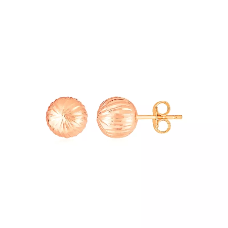 14K Rose Gold Ball Earrings with Linear Texture