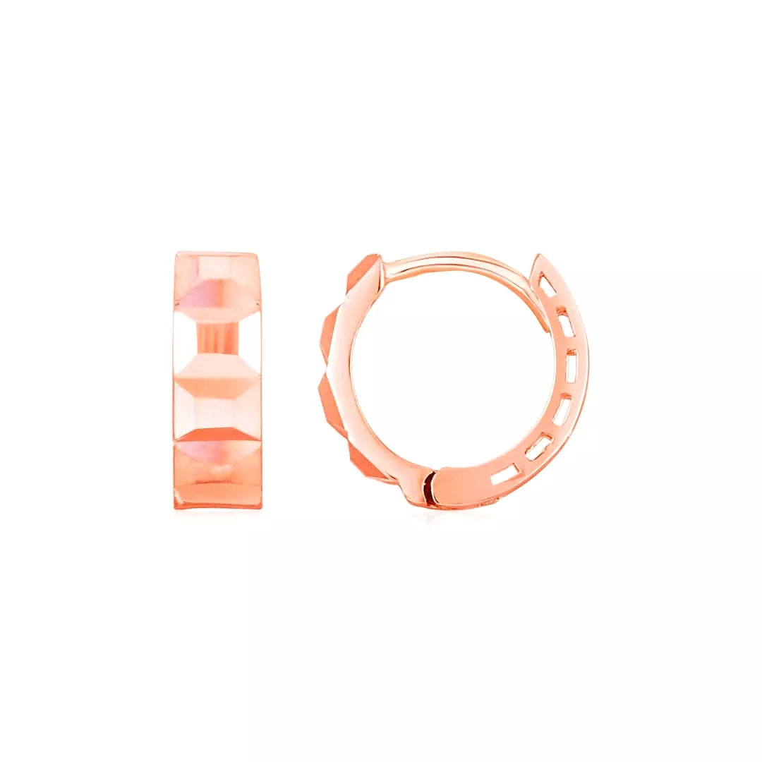 14K Rose Gold Square Motif Faceted Huggie Earrings