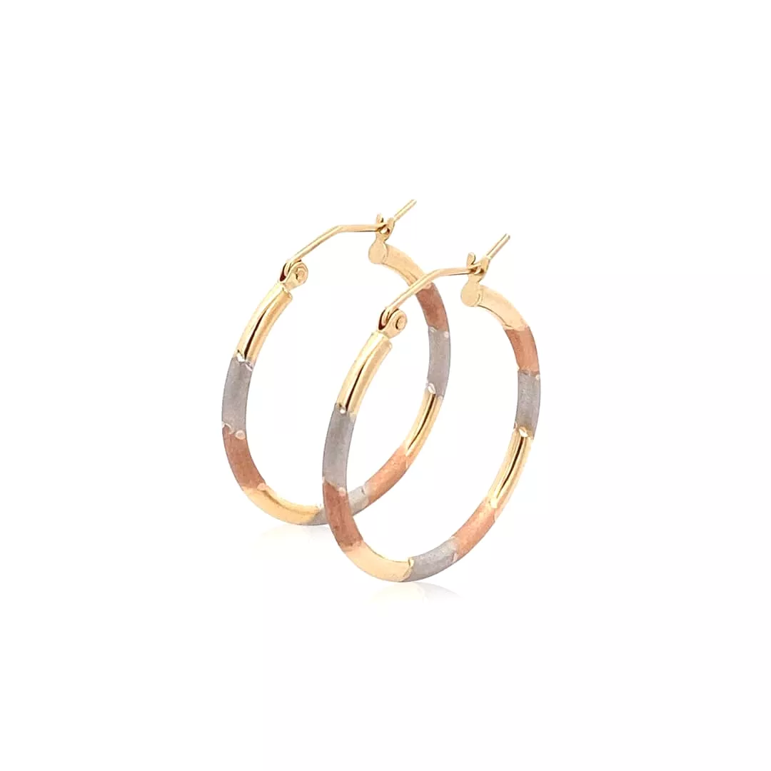 14k Tri-Color Textured Hoop Earrings (1inch Diameter)