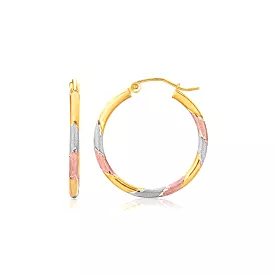 14k Tri-Color Textured Hoop Earrings (1inch Diameter)