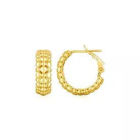 14k Yellow Gold Beaded Puffed Textured Hoop Earrings