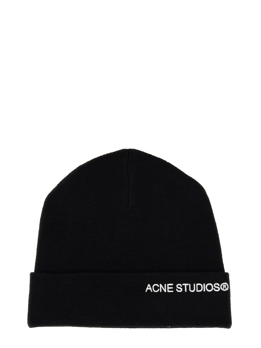 ACNE STUDIOS    WOOL BLEND BEANIE HAT WITH CONTRASTING LOGO