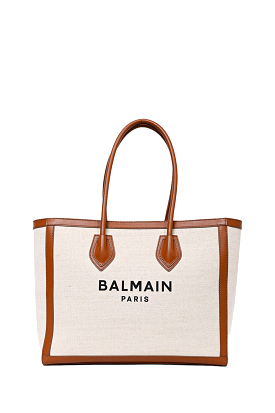 Balmain Beige Canvas Logo 'B-Army' Tote Bag with Brown Leather Trim