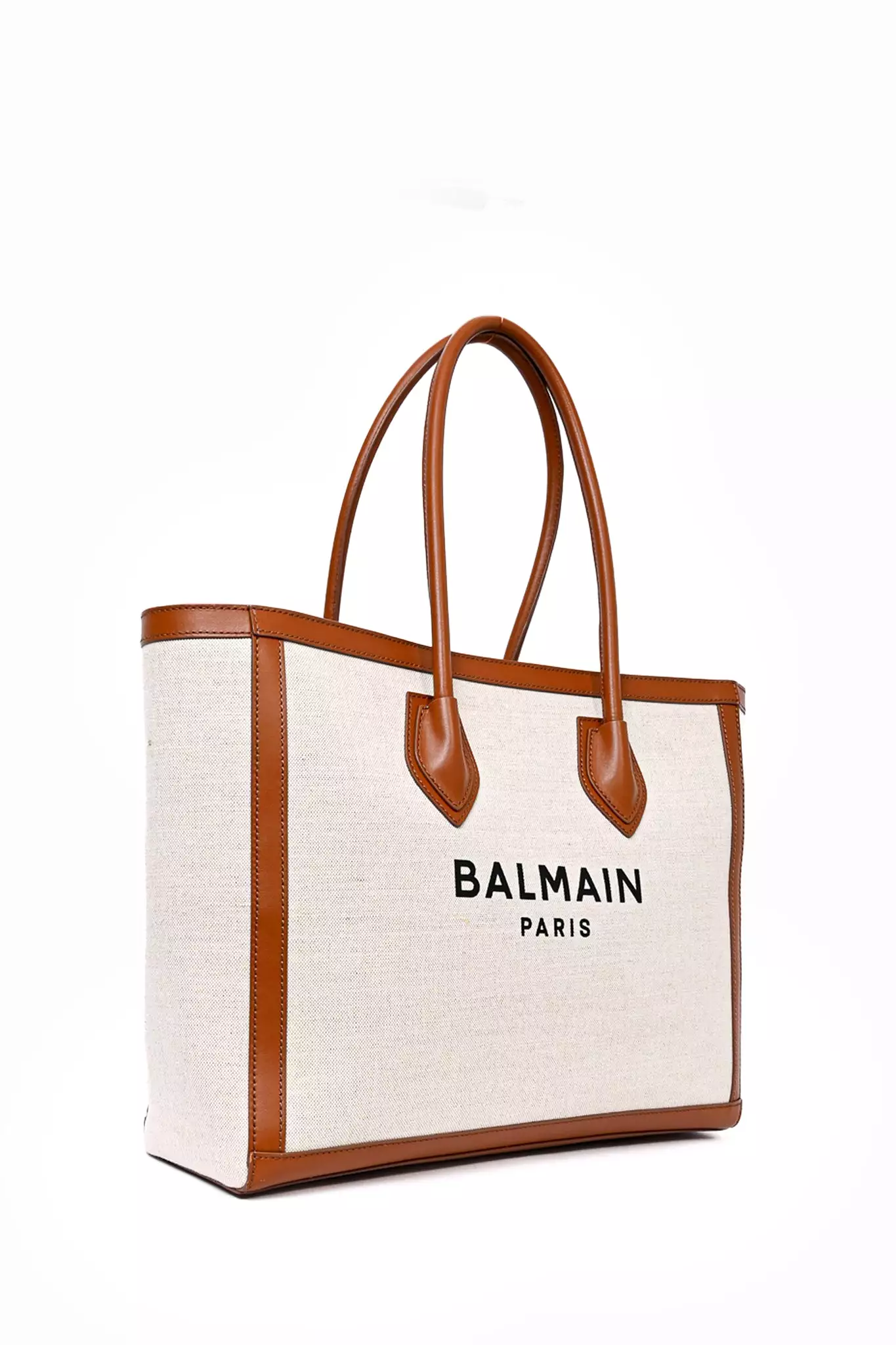 Balmain Beige Canvas Logo 'B-Army' Tote Bag with Brown Leather Trim