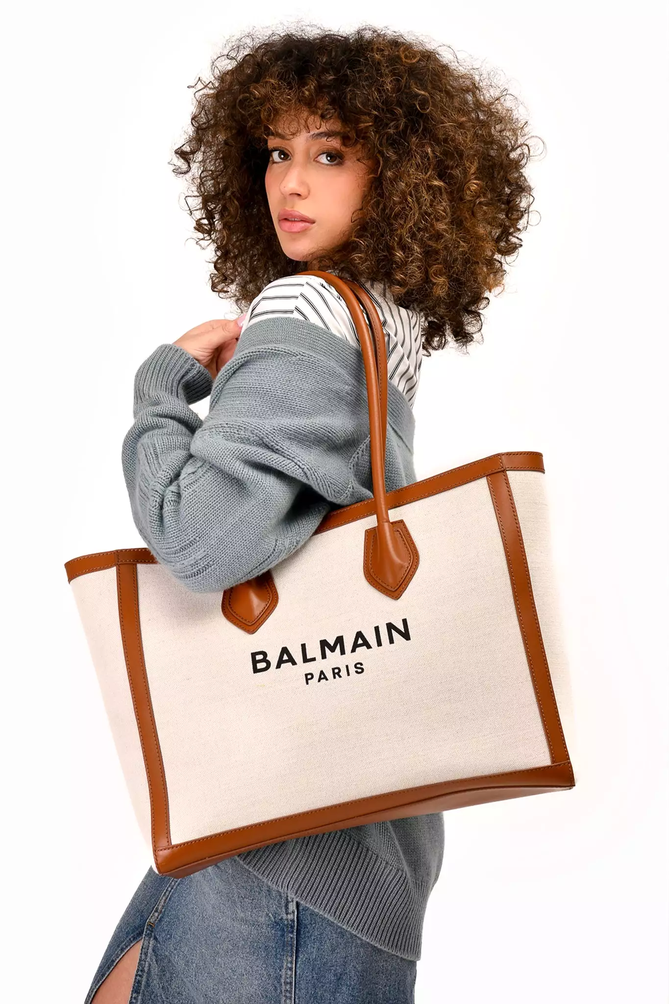 Balmain Beige Canvas Logo 'B-Army' Tote Bag with Brown Leather Trim