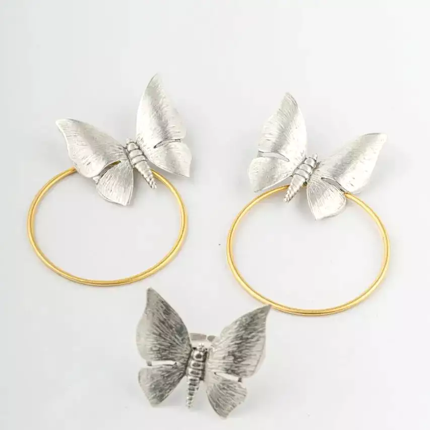 Butterfly Earring Ring Silver Artisan Set