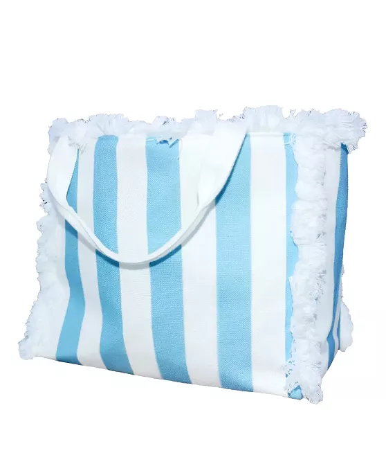 Cabana Stripe Fringe Tote - Blue/White