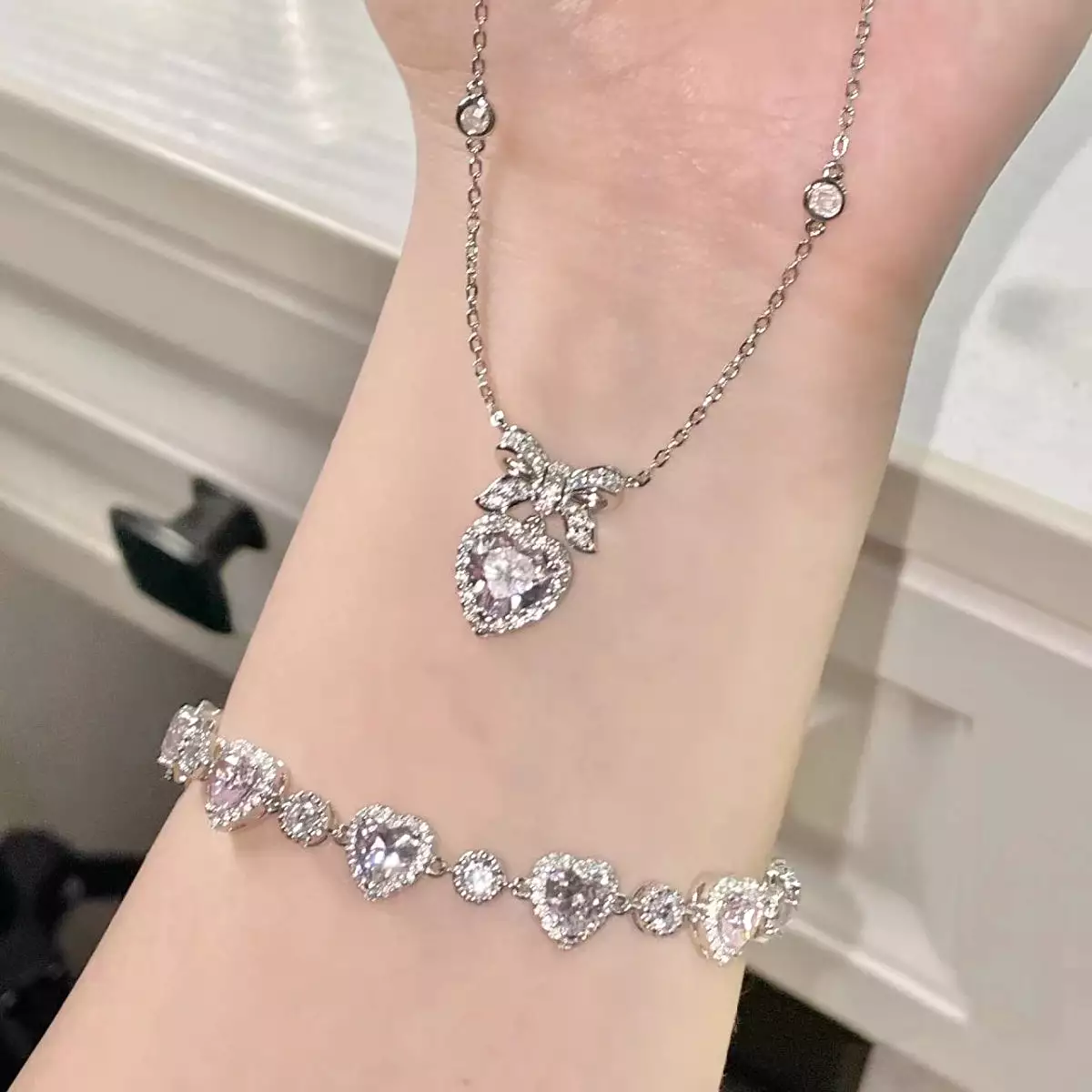 Cute Heart Bowknot Diamond Bracelet Heart Necklace - Kimi