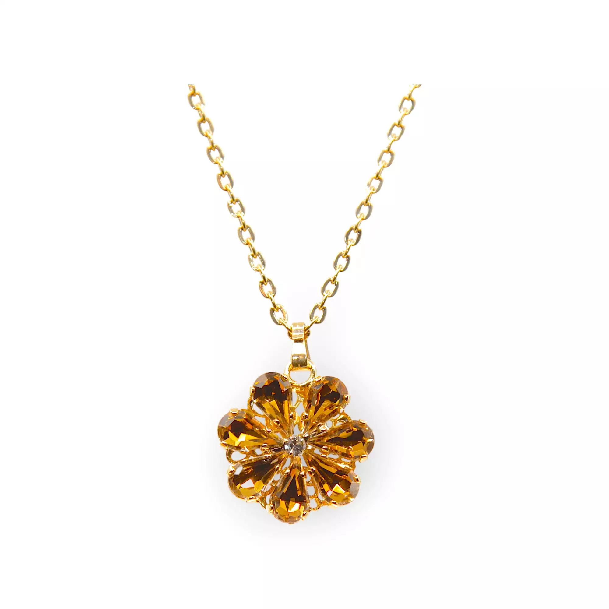 Daisy Pendant Necklace With Crystal Drops In amber and topaz shades.