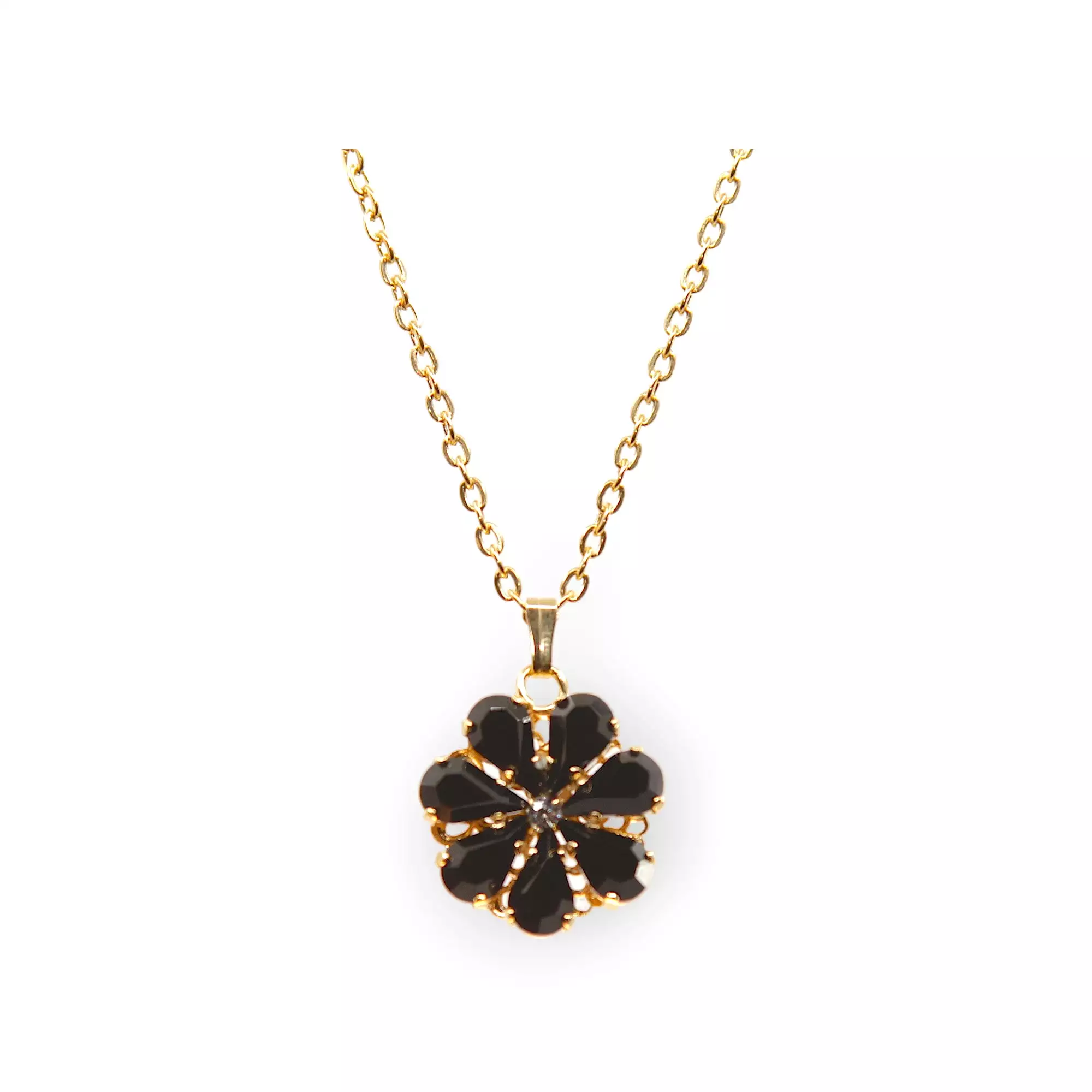 Daisy Pendant Necklace With Crystal Drops In Onyx Shades.