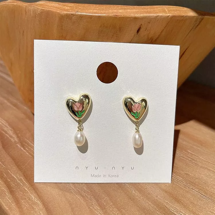 French Tulip Love-Heart Pearl Earrings MK18959