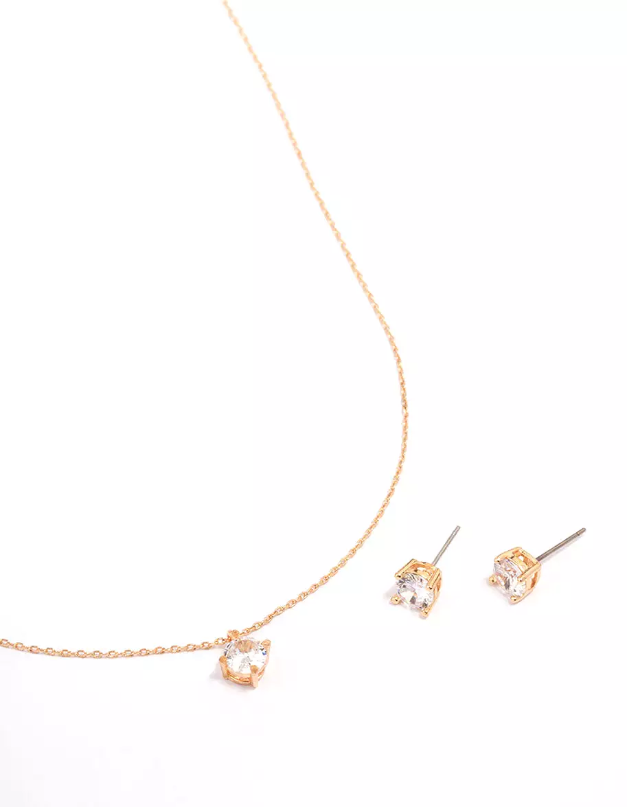 Gold Cubic Zirconia Round Earring & Necklace Set