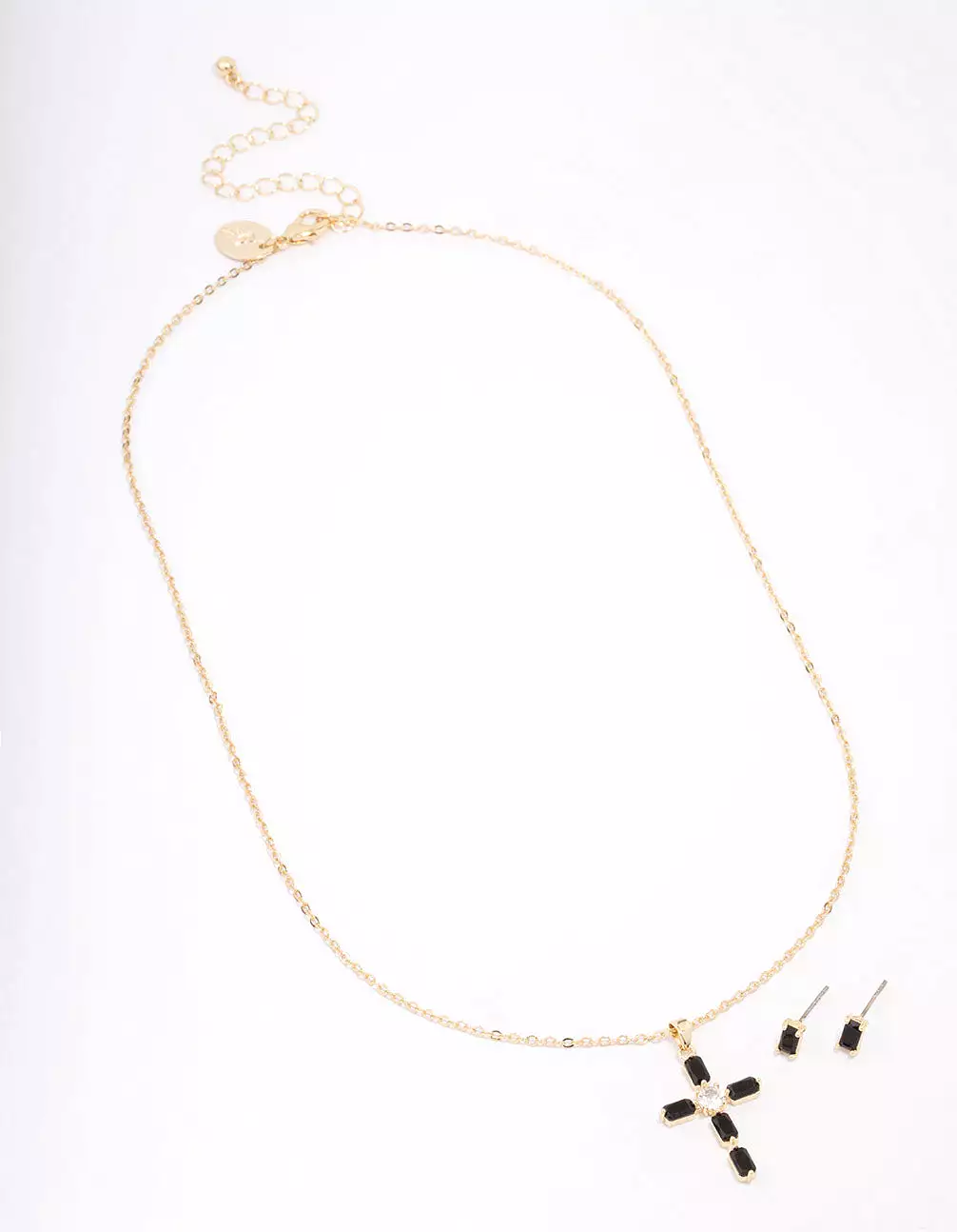 Gold Plated & Black Onyx Cross Necklace & Stud Earring Set