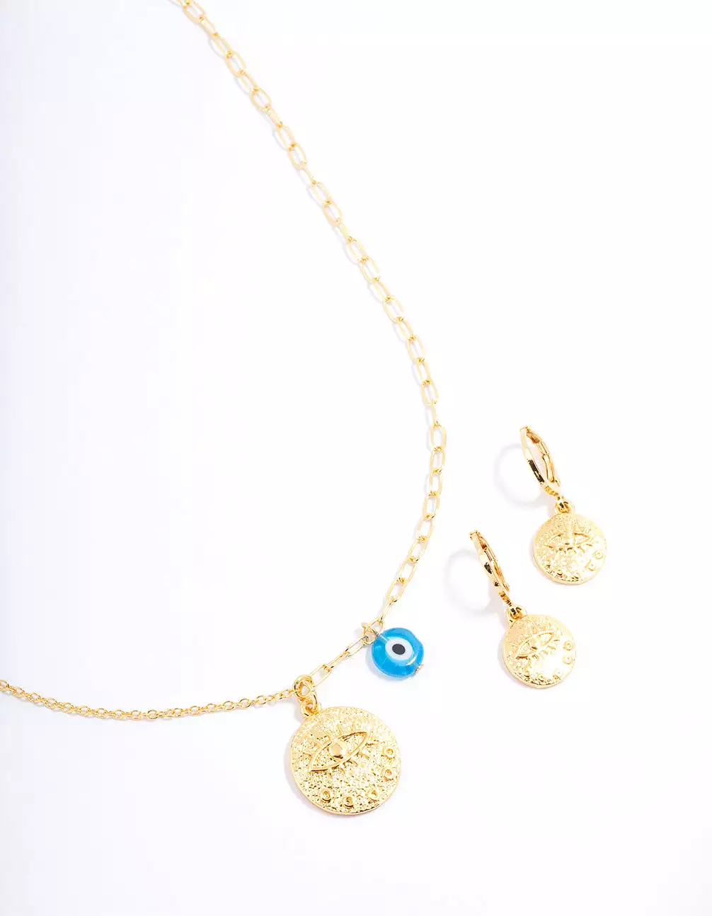 Gold Plated Coin Evil Eye Necklace & Earring Jewellery Set