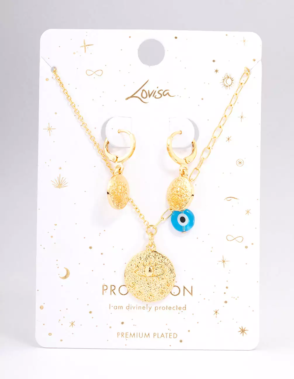 Gold Plated Coin Evil Eye Necklace & Earring Jewellery Set