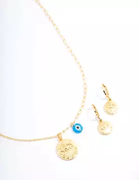 Gold Plated Coin Evil Eye Necklace & Earring Jewellery Set