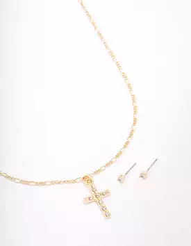 Gold Plated Crystal Cross Pendant Necklace & Stud Earring Set