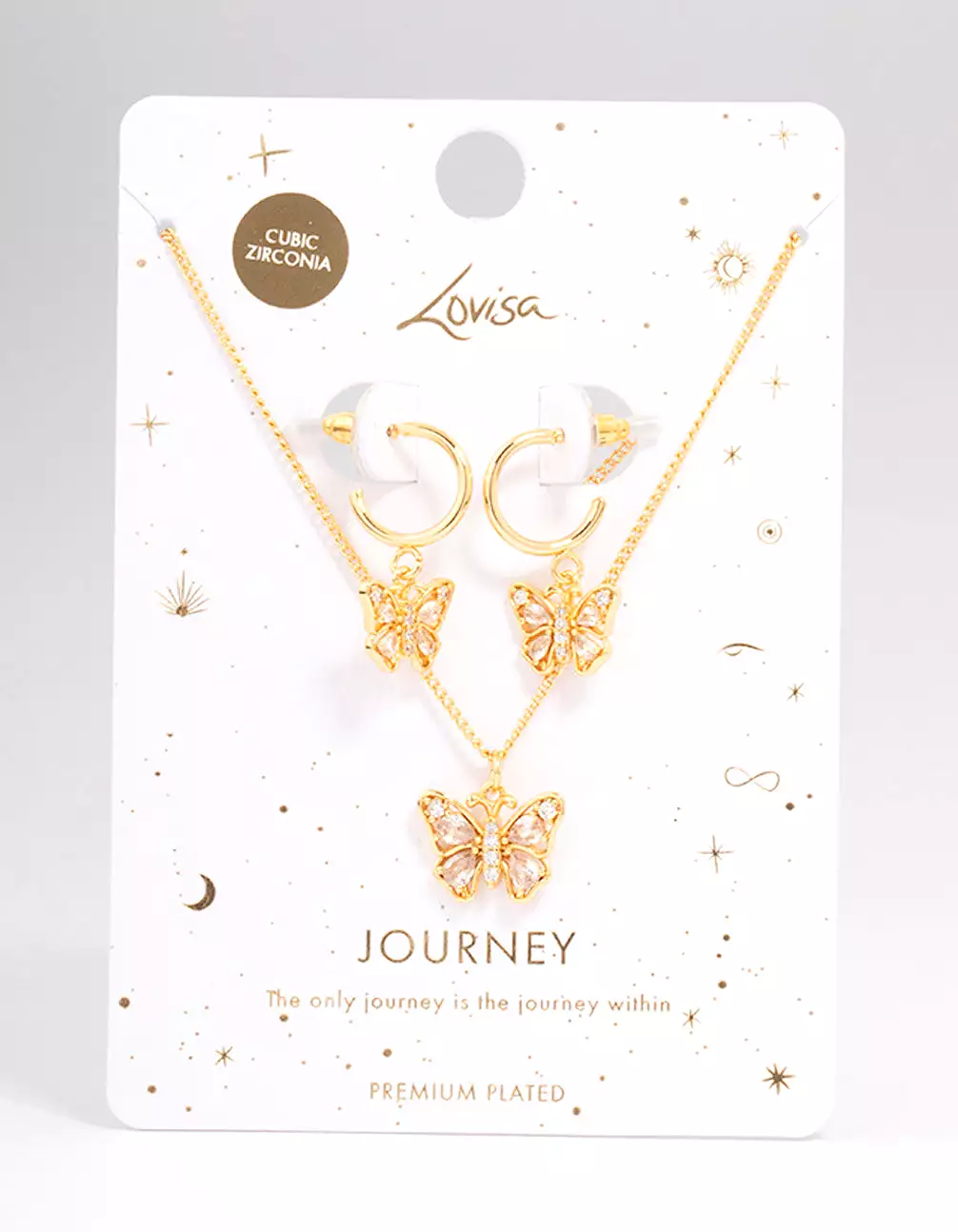 Gold Plated Cubic Zirconia Butterfly Necklace & Earring Jewellery Set