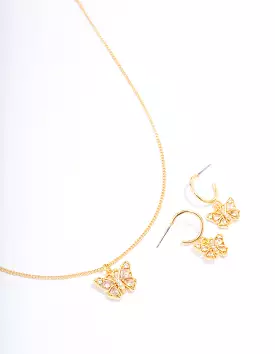 Gold Plated Cubic Zirconia Butterfly Necklace & Earring Jewellery Set