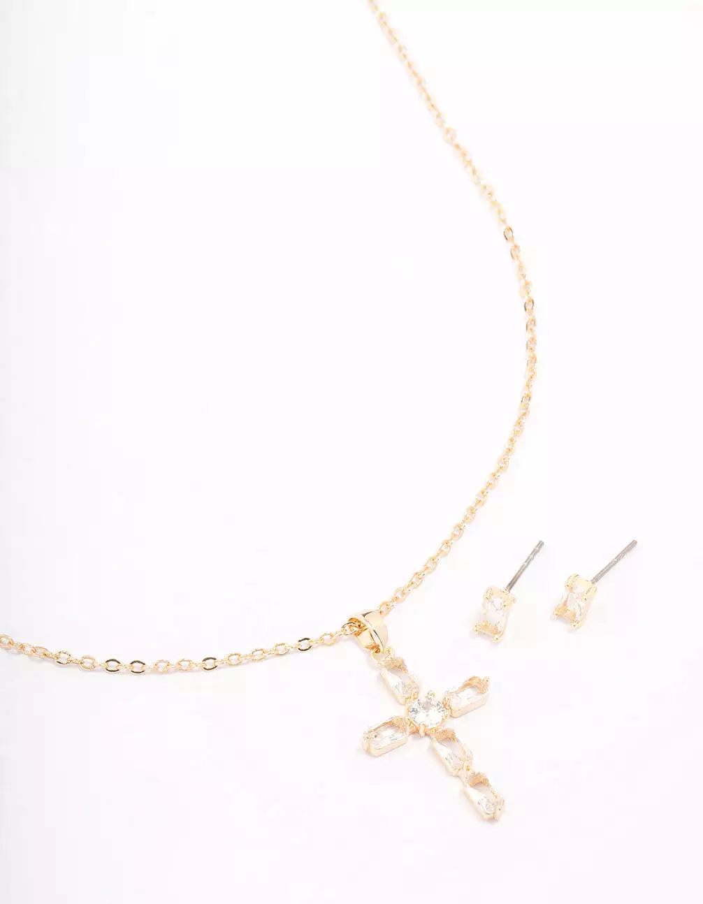 Gold Plated Diamante Cross Pendant Necklace & Stud Earring Set