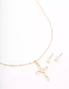 Gold Plated Diamante Cross Pendant Necklace & Stud Earring Set