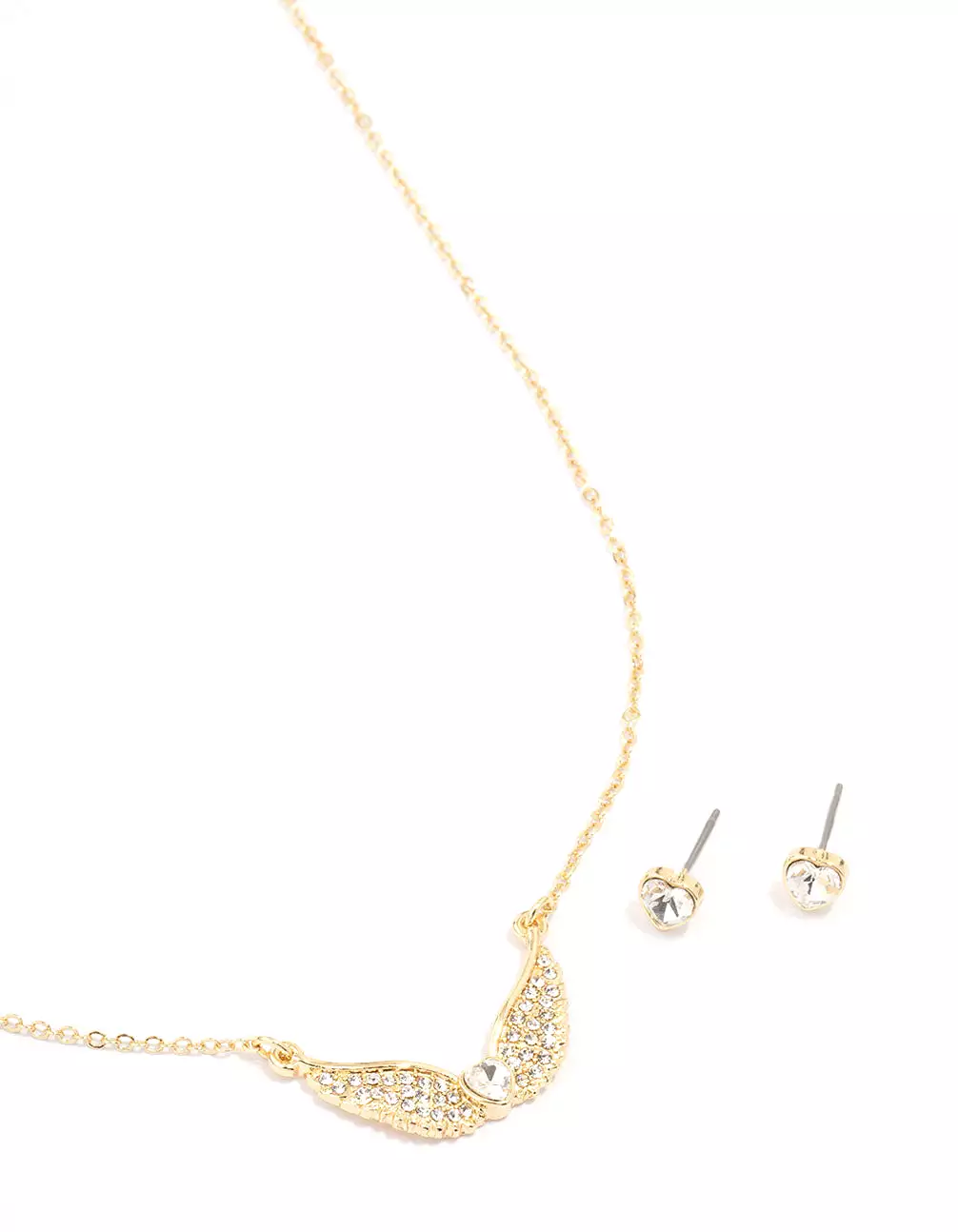 Gold Plated Diamante Heart Wing Necklace & Stud Earring Set