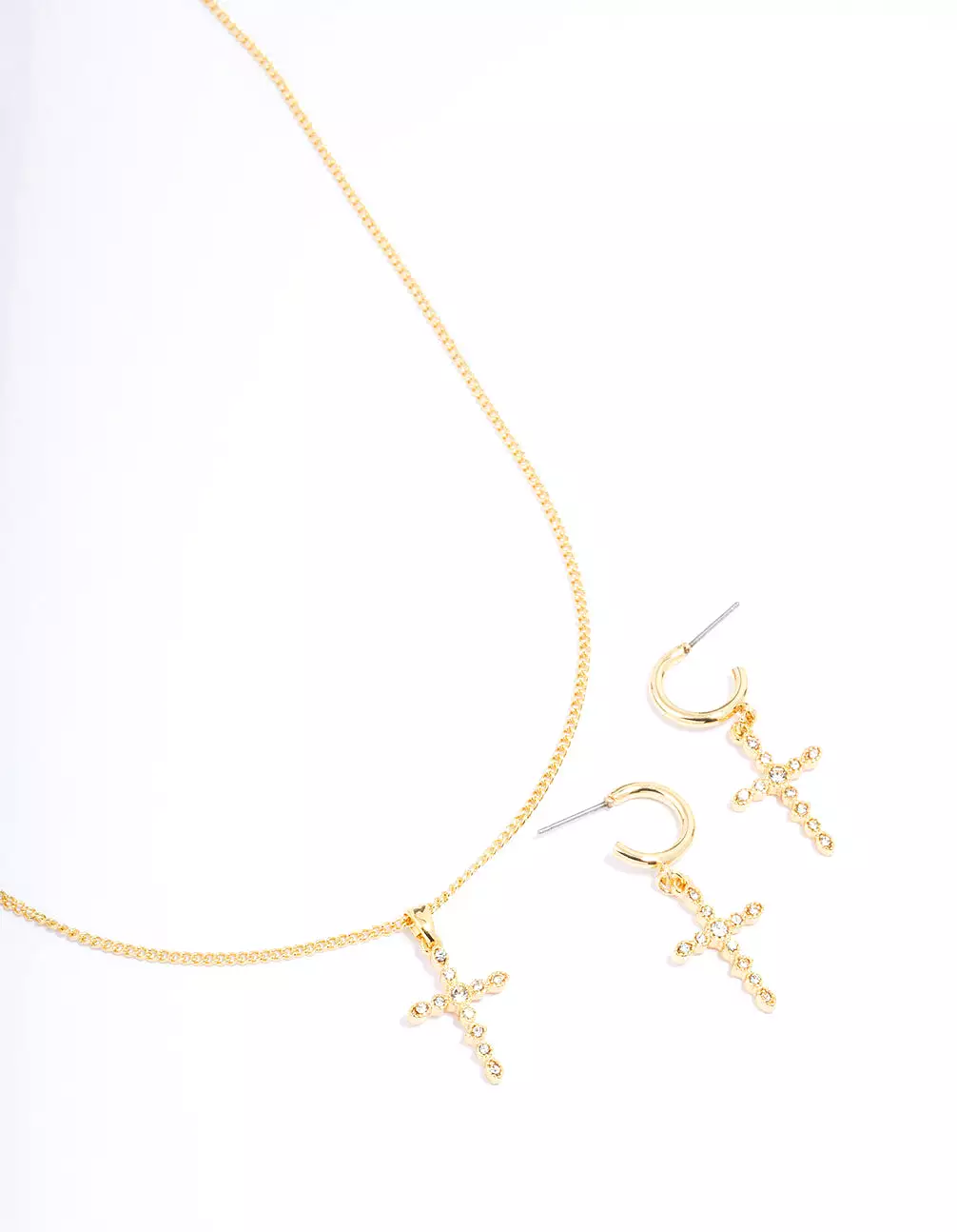 Gold Plated Textured Cubic Zirconia Cross Necklace & Earring Jewellery Set