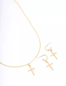 Gold Plated Textured Cubic Zirconia Cross Necklace & Earring Jewellery Set