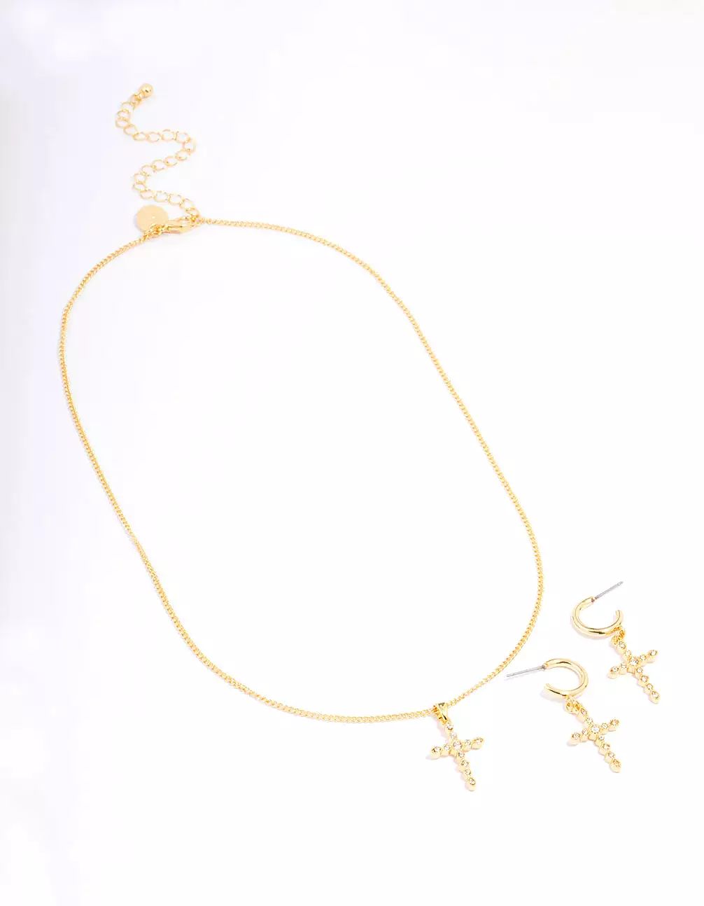 Gold Plated Textured Cubic Zirconia Cross Necklace & Earring Jewellery Set