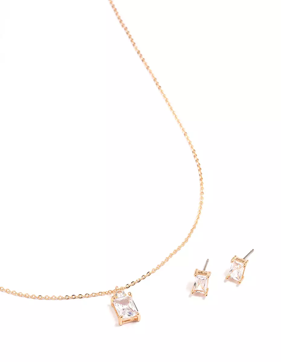 Gold Rectangle Cubic Zirconia Earring & Necklace Set