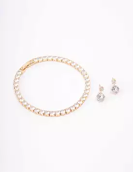 Gold Round Tennis Bracelet & Earring Set