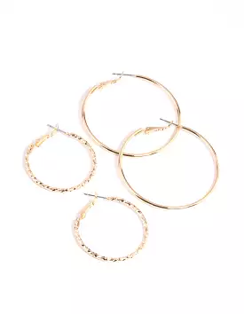 Gold Textured Hoop Earring Set