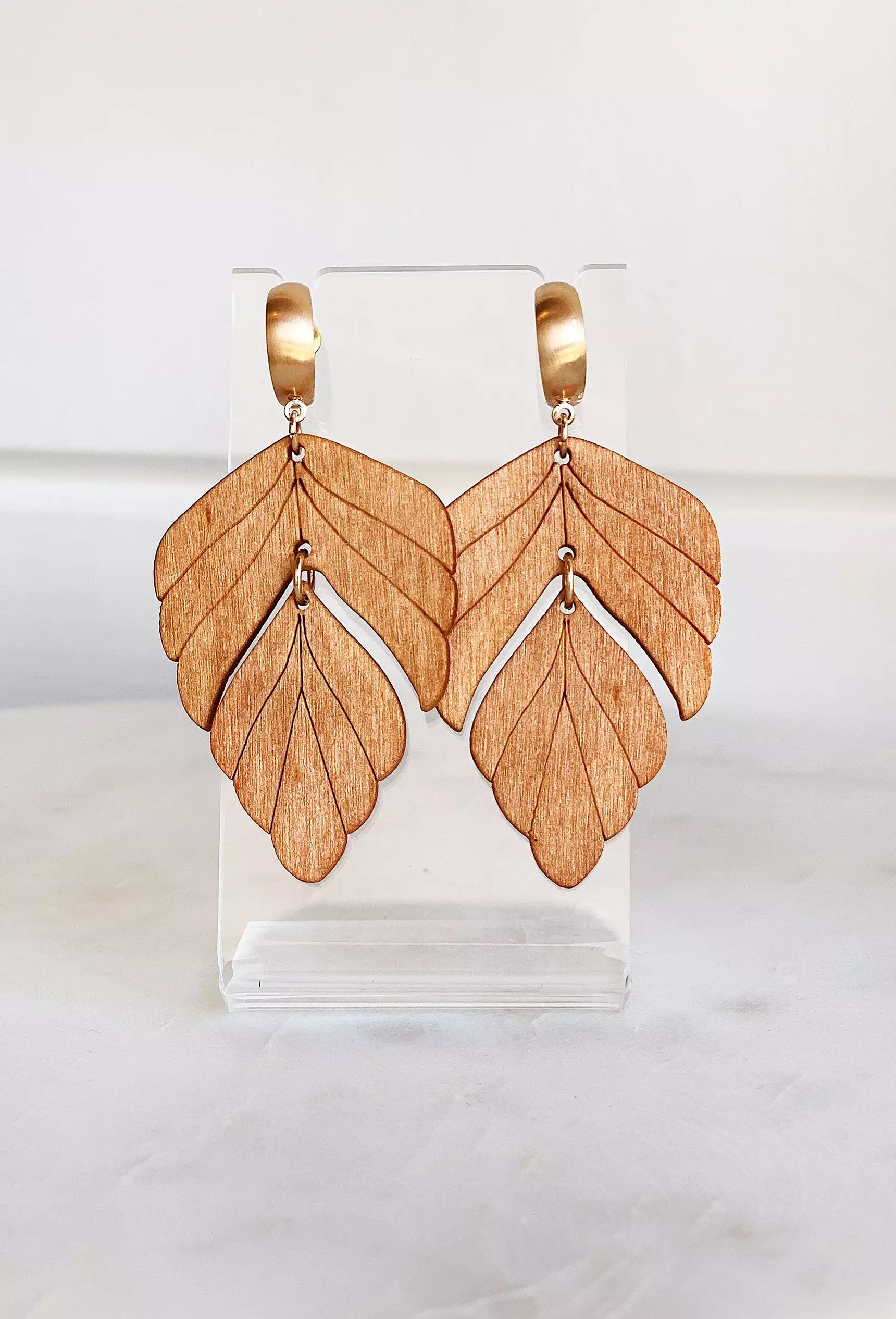 Hazel Wooden Leaf Drop Earrings in Brown