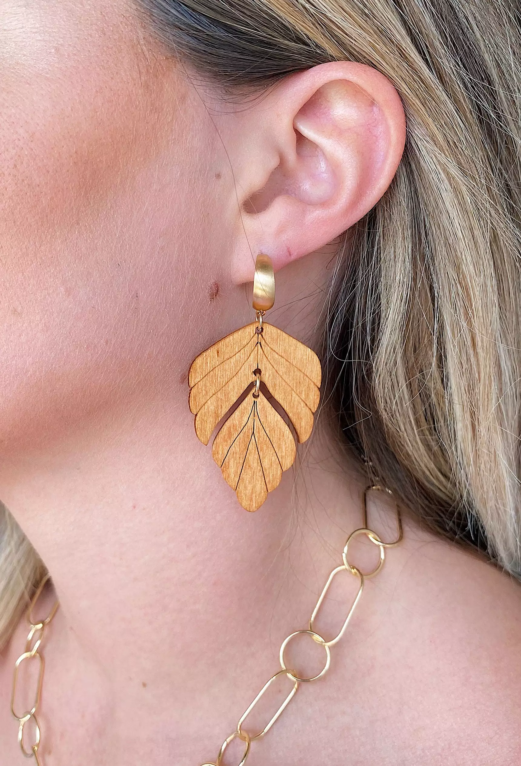 Hazel Wooden Leaf Drop Earrings in Brown