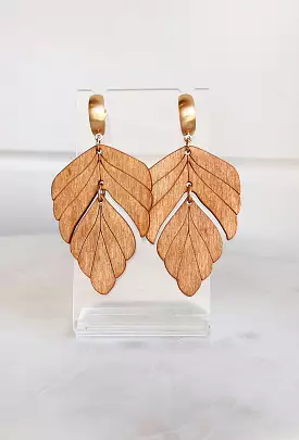 Hazel Wooden Leaf Drop Earrings in Brown