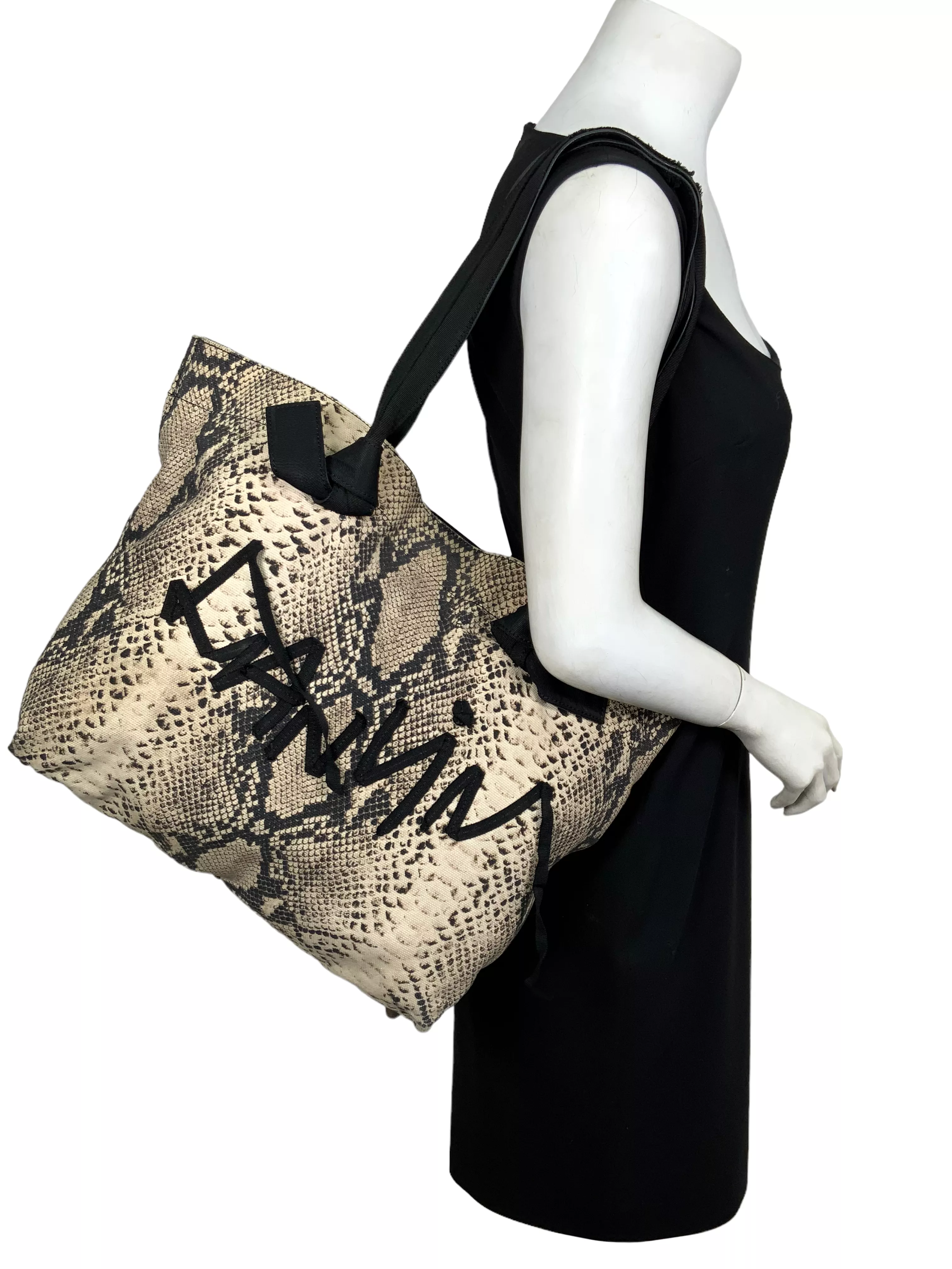 LANVIN Python Snakeskin Printed Canvas Ribbon Logo Tote