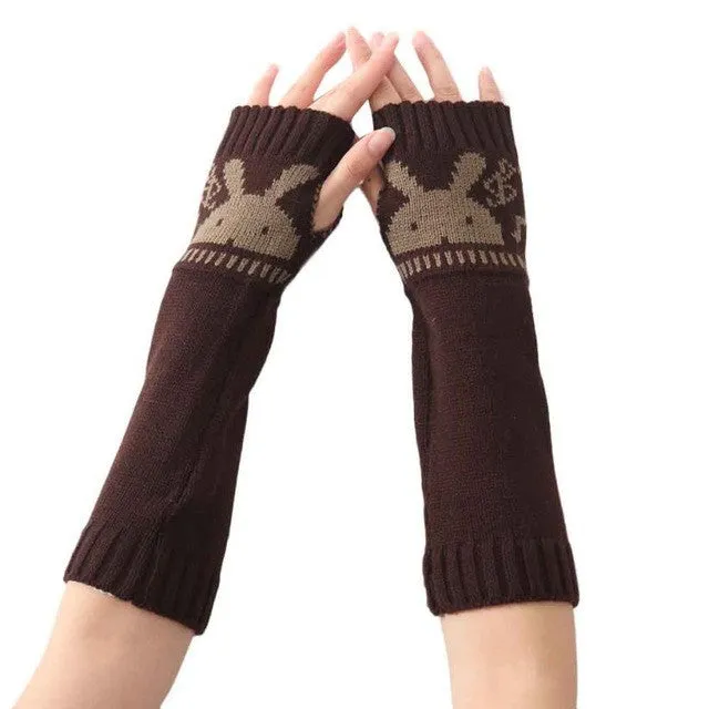 New Fashion Knitted Female Spirng  Gloves For Women Rabbit Pattern Fingerless Elbow Mittens Women's Gloves Gants GS