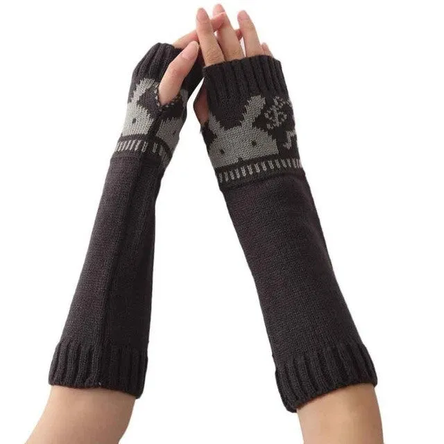 New Fashion Knitted Female Spirng  Gloves For Women Rabbit Pattern Fingerless Elbow Mittens Women's Gloves Gants GS