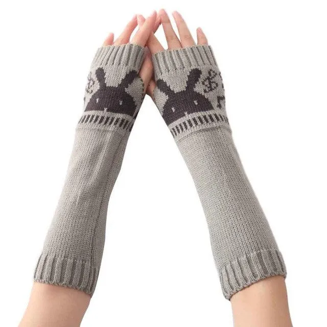 New Fashion Knitted Female Spirng  Gloves For Women Rabbit Pattern Fingerless Elbow Mittens Women's Gloves Gants GS