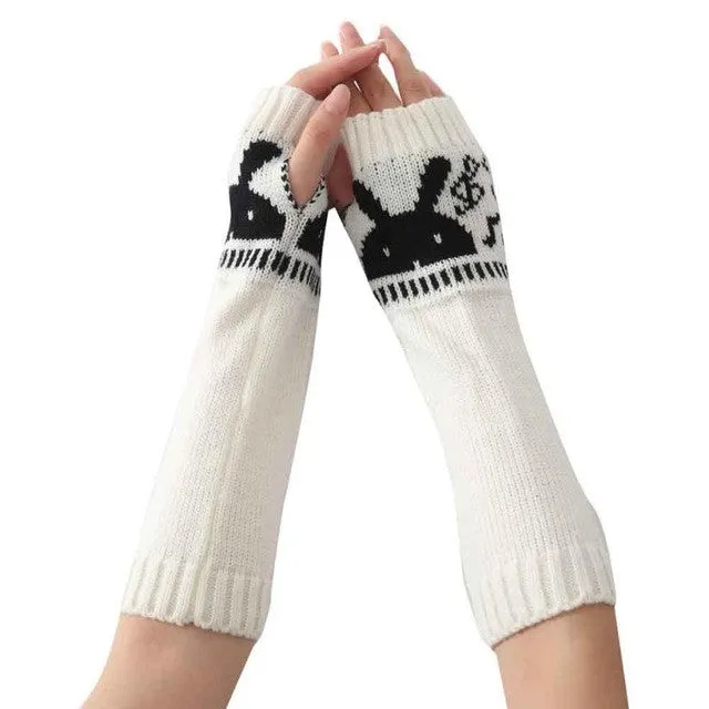 New Fashion Knitted Female Spirng  Gloves For Women Rabbit Pattern Fingerless Elbow Mittens Women's Gloves Gants GS