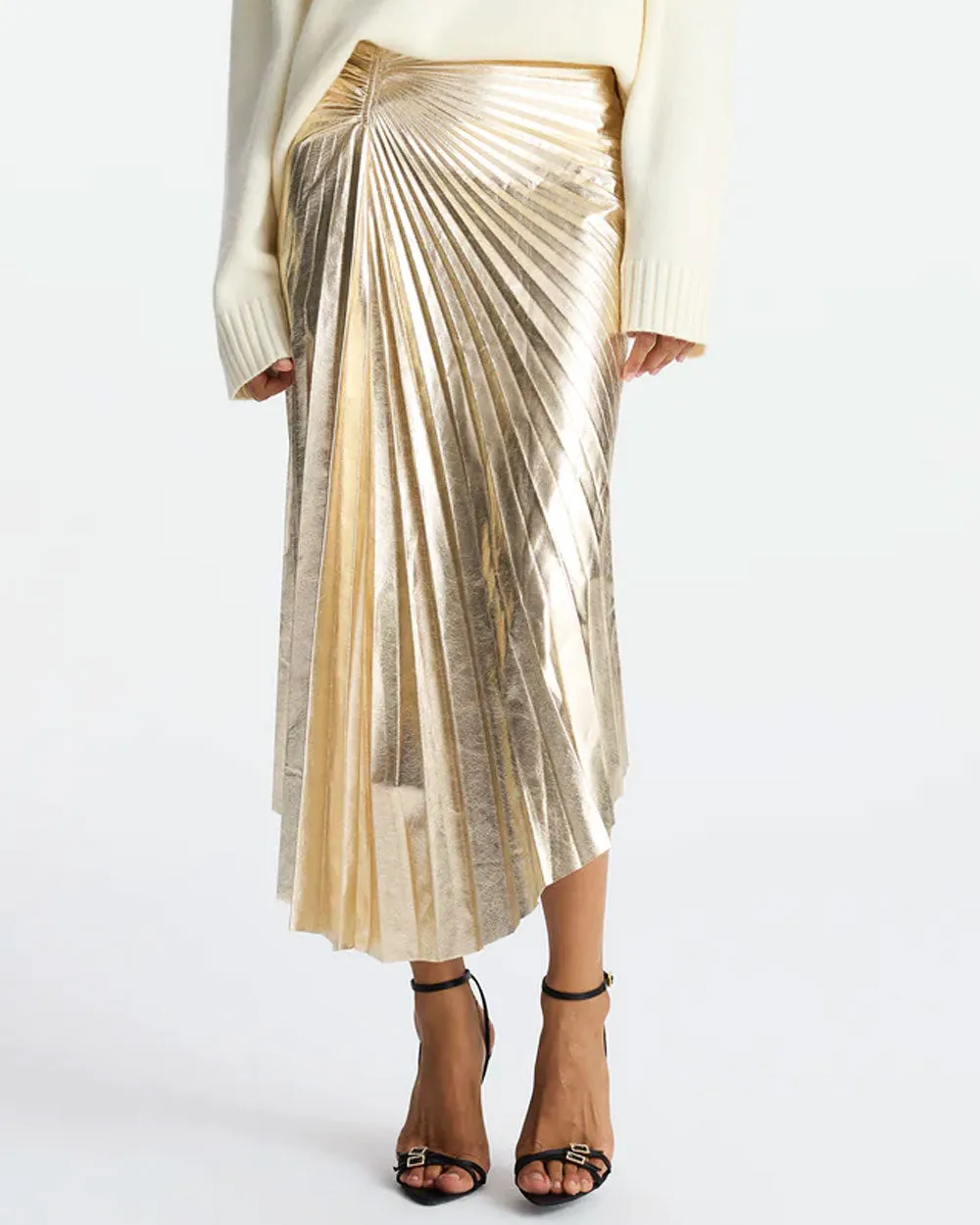 Pale Gold Tori Asymmetrical Metallic Vegan Leather Skirt