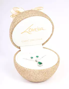 Rhodium Cubic Zirconia Emerald Earring & Necklace Set