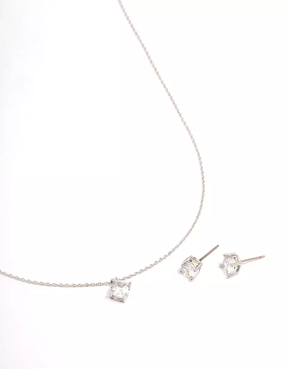 Rhodium Cubic Zirconia Round Earring & Necklace Set