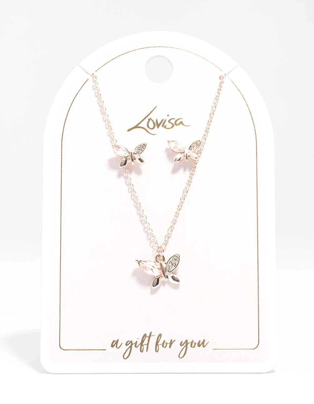 Rose Gold Diamante Butterfly Necklace & Stud Earring Set