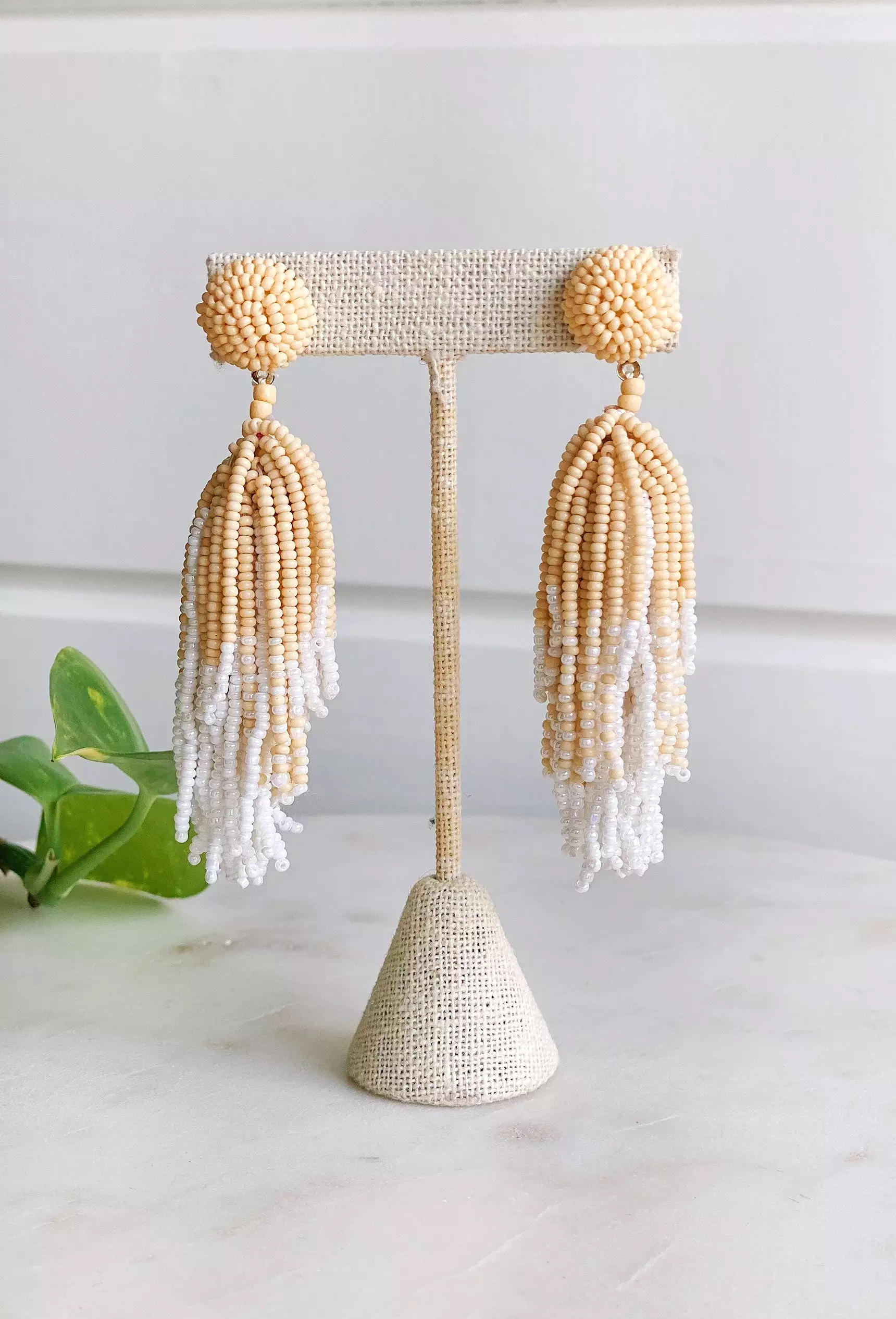 Rylee Beaded Tassel Earrings in Ivory