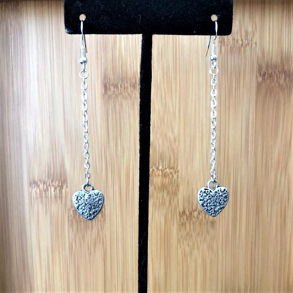 Silver Heart Long Dangle Earrings