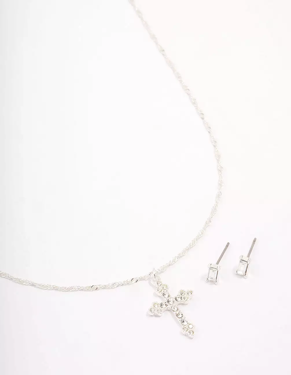 Silver Plated Diamante Cross Pendant Necklace & Stud Earring Set